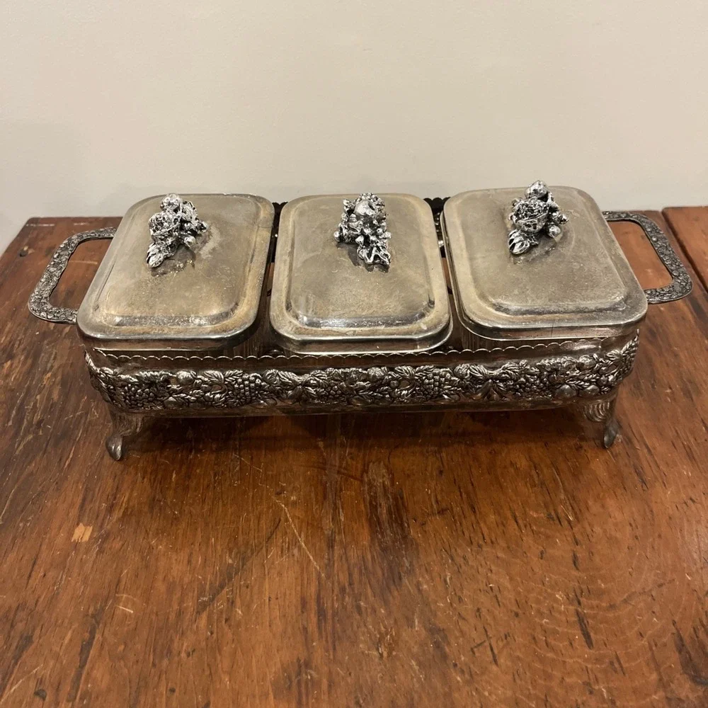 Rare Vintage Silver Plated Chafing 3 Dish Glass Inserts, Ornate Small Condiments